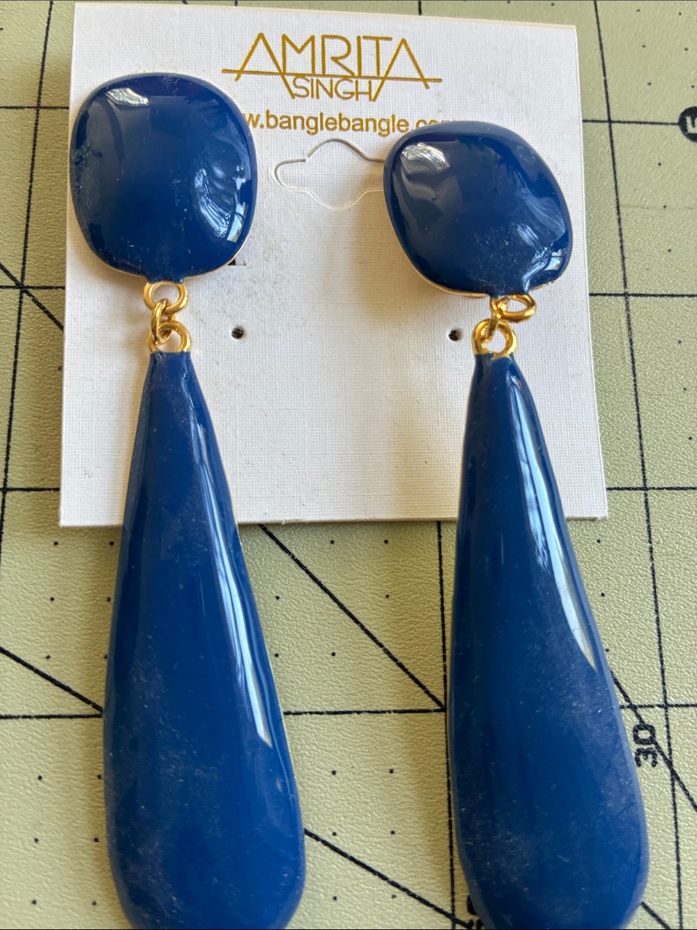 Amrita Singh Deep Blue Teardrop Drop CLIP ON Earrings